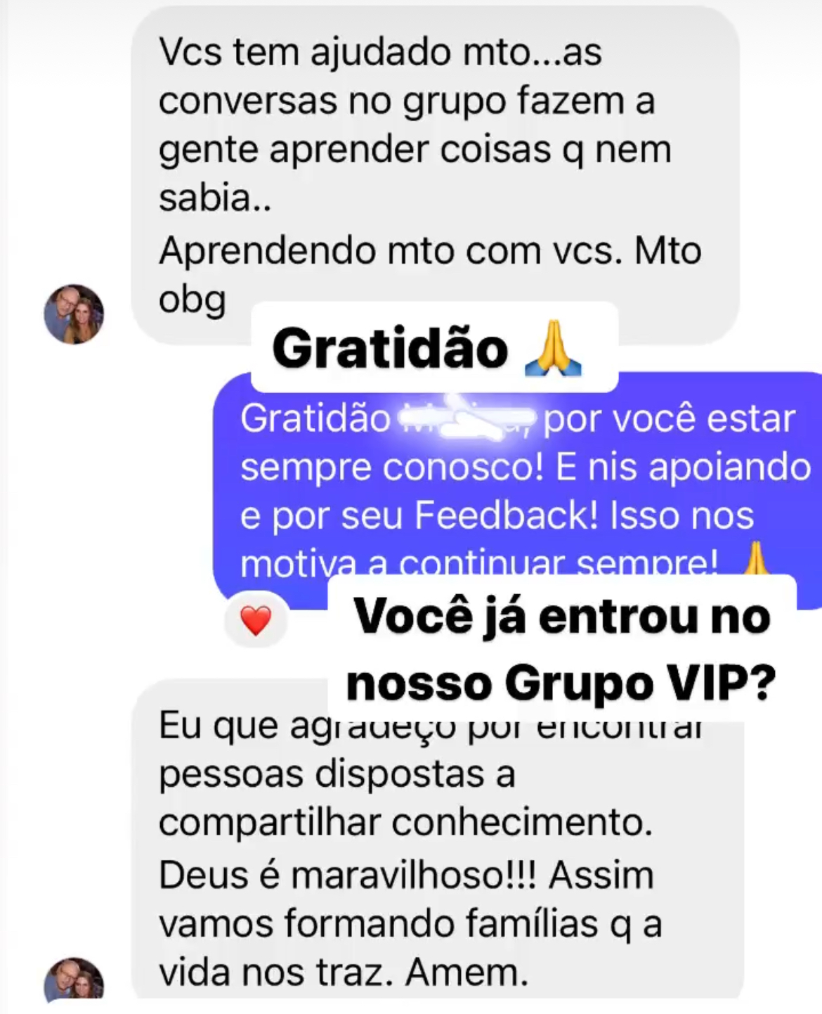 Aluno agradece pelo aprendizado e apoio no grupo